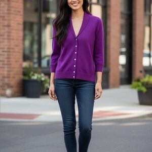 Talbots purple button down front sweater top, made with Merino Wool,  size SP